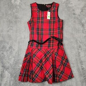 The Childrens Place Dress Girls 12 Red Plaid Tartan Pleated Pearl Belted Casual